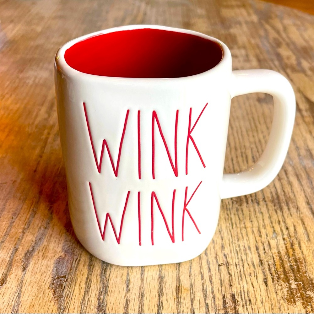 RAE DUNN “ WINK WINK “ WHITE COFFEE / TEA MUG w/ RED INSIDE & LETTERING